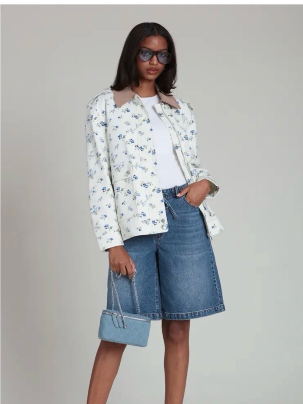 Bagatelle oversized Mixed Media Twill Floral Print Denim Jacket size small